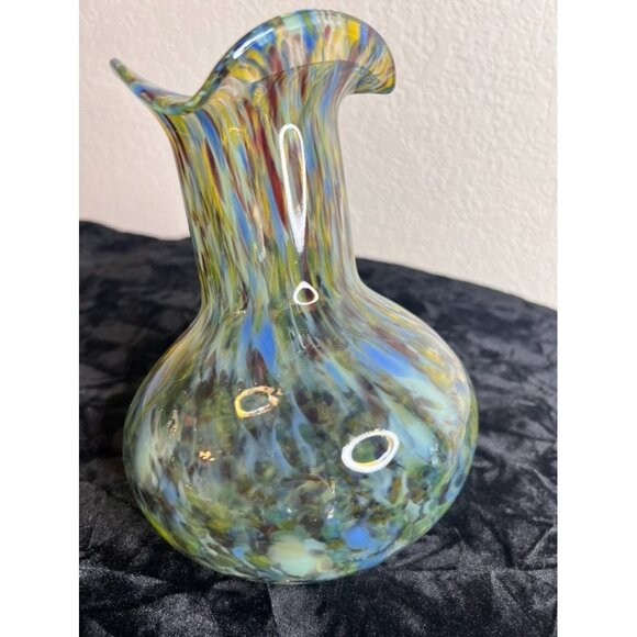 Hand-Blown Art Glass Vase Confetti Splash Swirl Pattern Ruffled Edge 7-3/4" - Picture 6 of 12